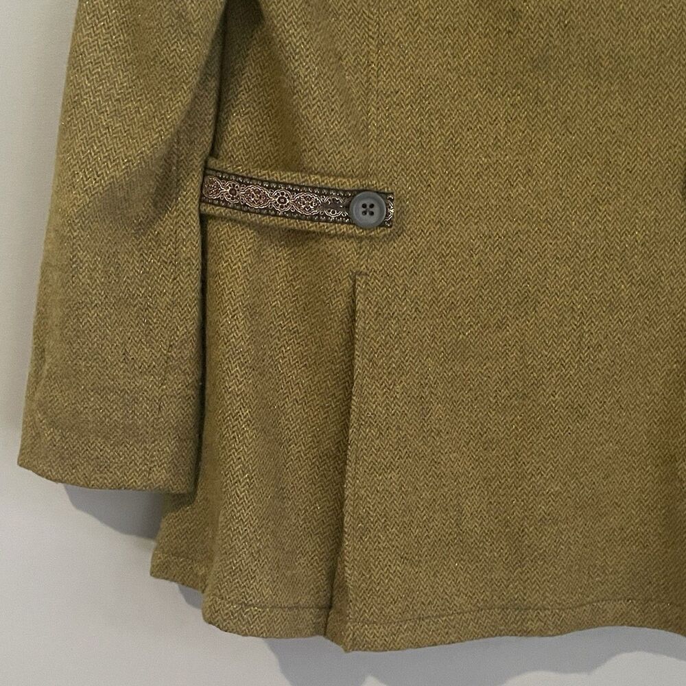 Free People Pea Coat Wool Silk Faux Fur Collar Women's Sz 10 Green Tweed Ribbon - Picture 8 of 16